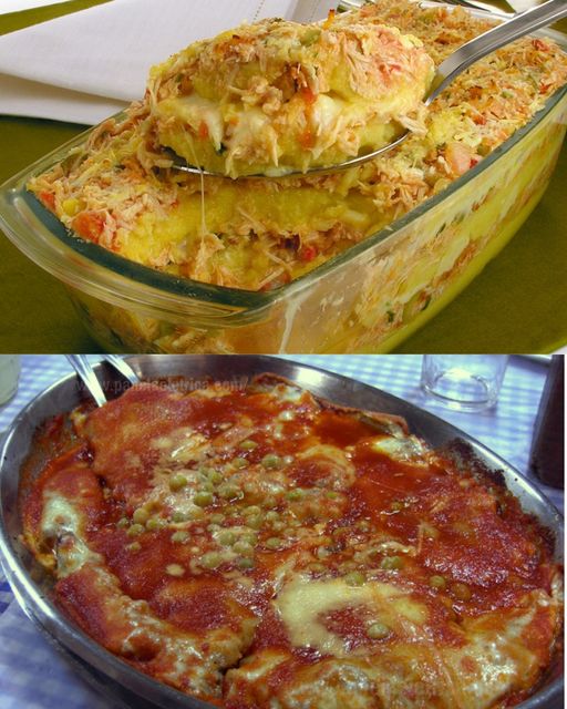 Polenta recheada com frango desfiado