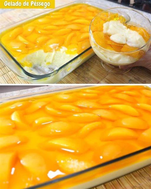Sobremesa Gelado de pêssego na travessa
